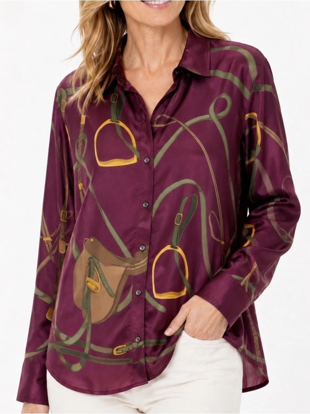 J.McLaughlin Women M Burgundy Olive Modern Palomino Equestrian Denver Blouse NWT